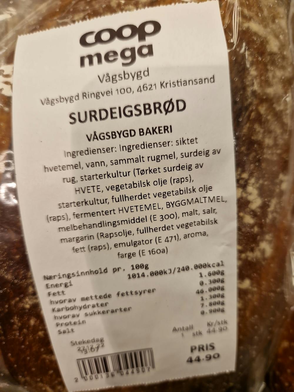 Ingrediensliste - Surdeigsbrød, Coop mega
