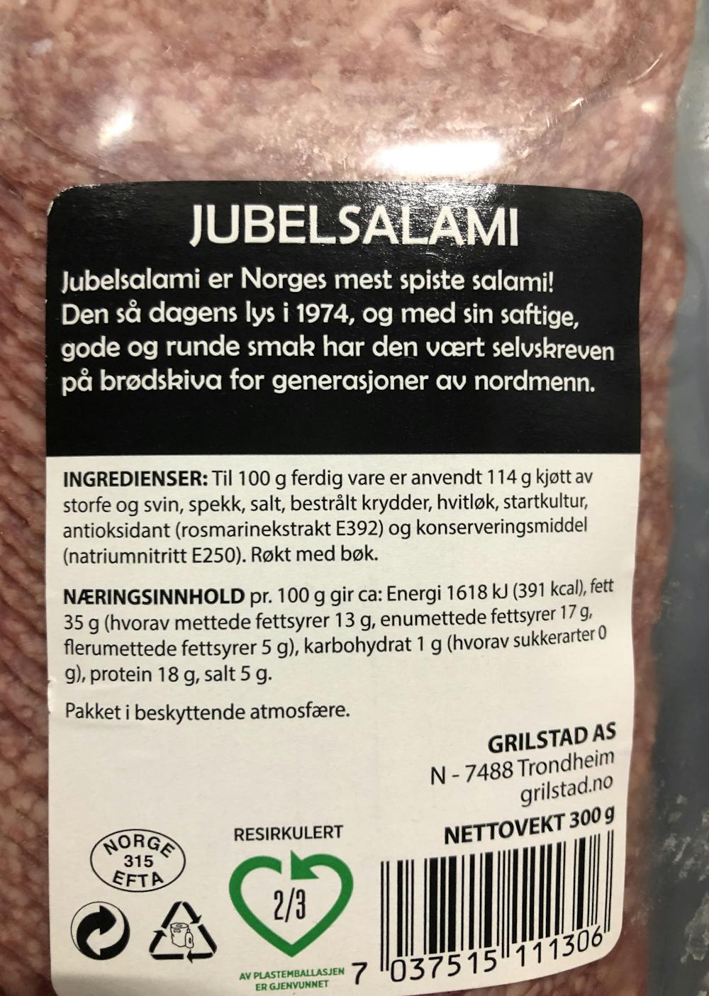Ingredienslisten til Jubel salami XXL, Grilstad