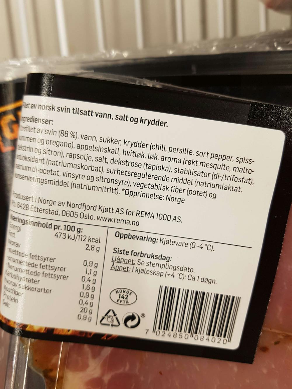 Ingredienslisten til BBQ-marinert ytrefilet av svin , Rema 1000