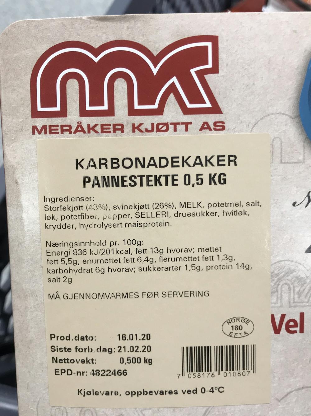 Ingredienslisten til Karbonadekaker, pannestekste, Meråker kjøtt AS 