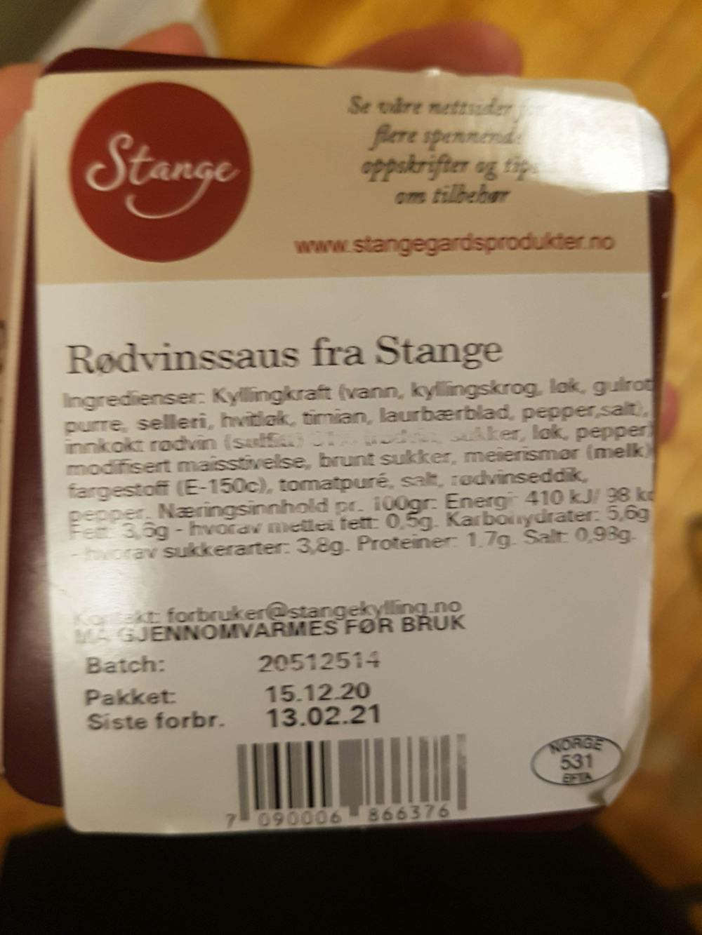 Ingredienslisten til Stange Rødvinssaus