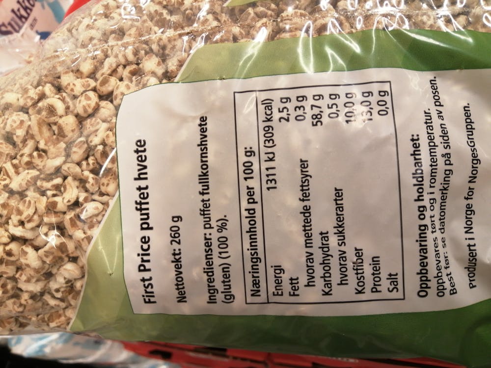 Ingredienslisten til First price Puffet hvete