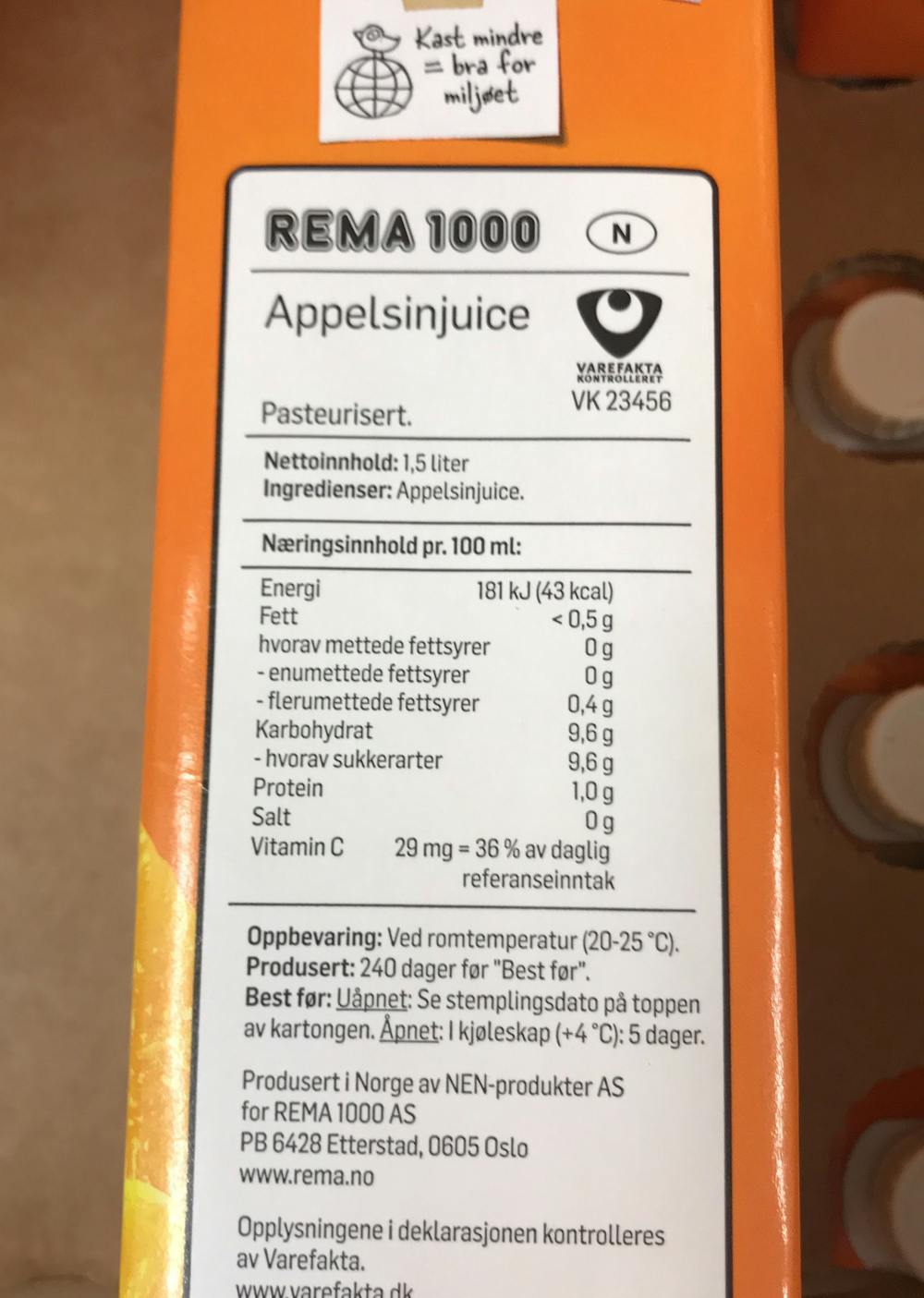 Ingredienslisten til Rema 1000 Appelsinjuice