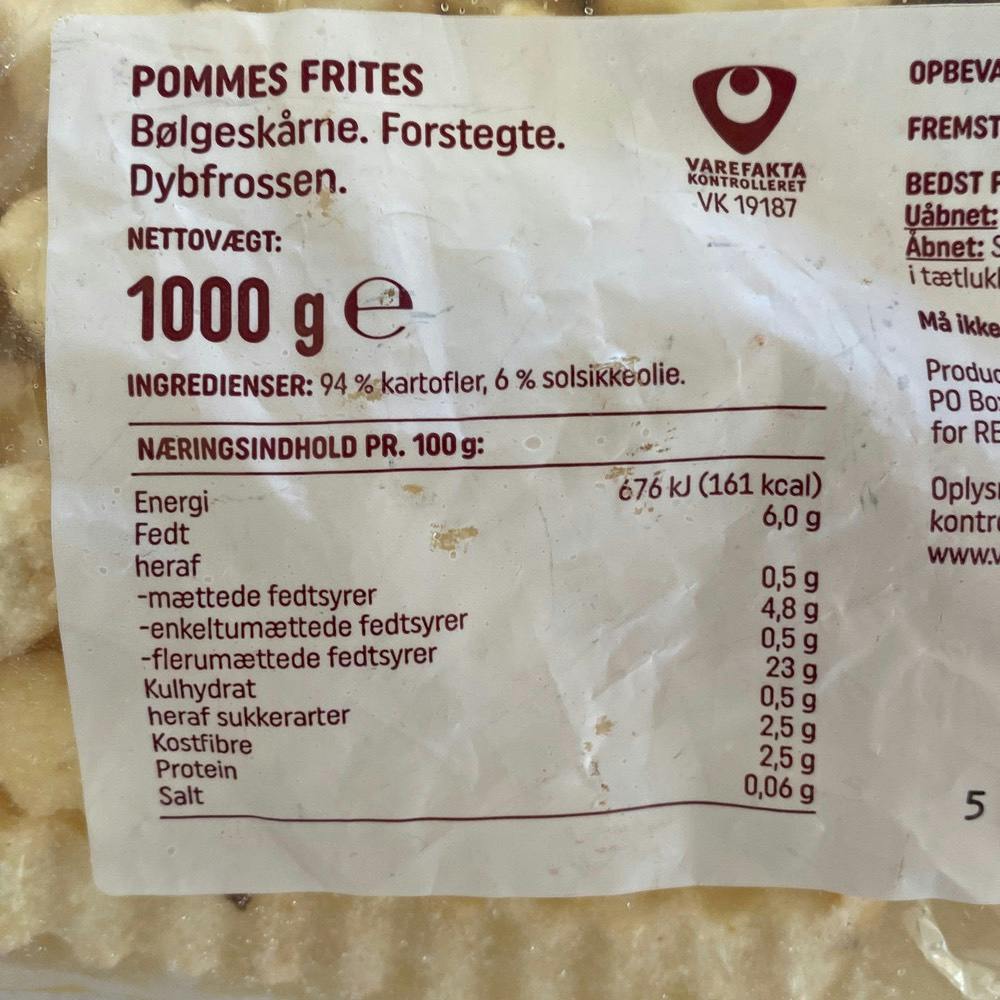 Ingrediensliste - Bølgeskårne pommesnfrites, Rema 1000