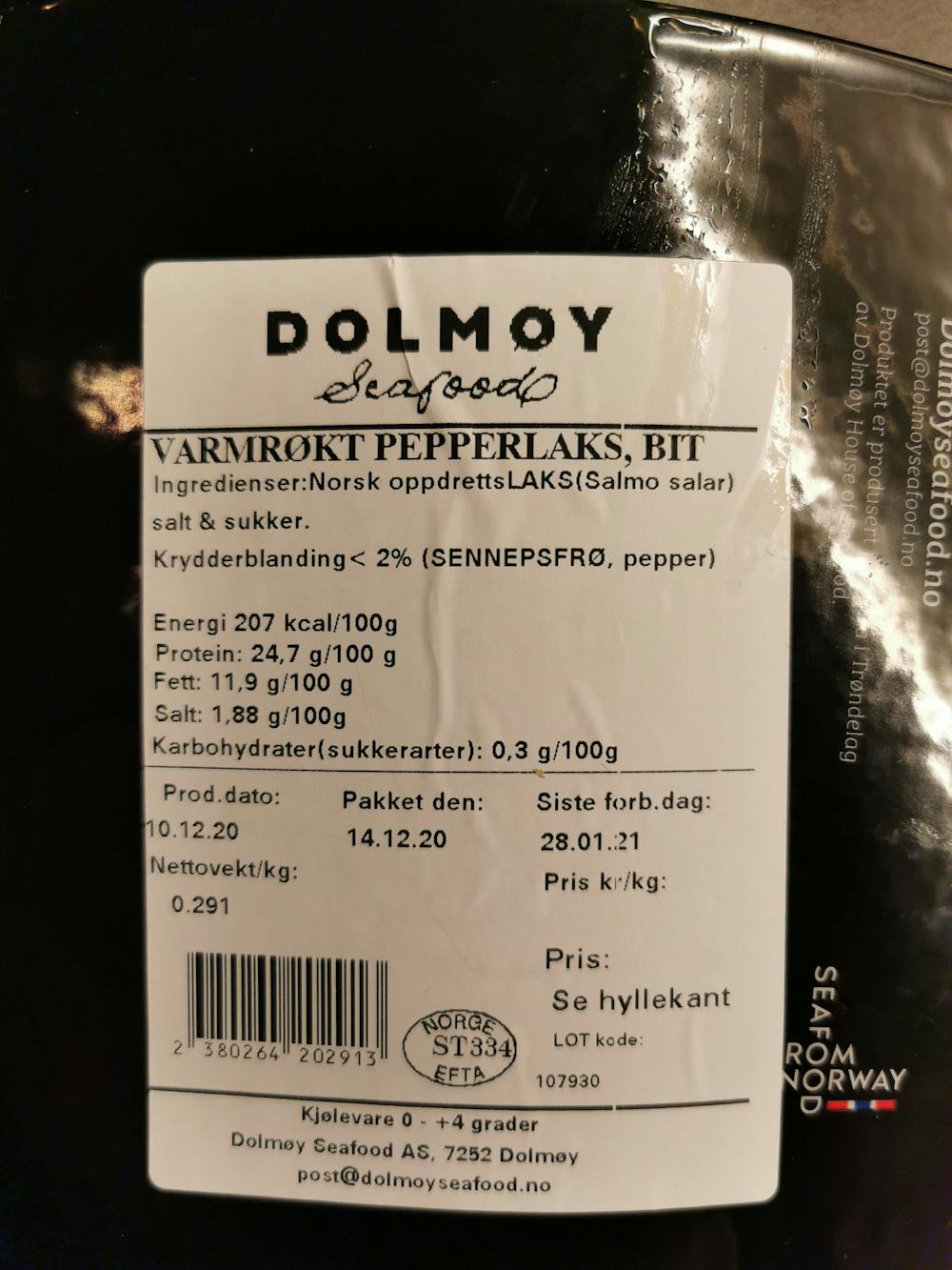 Ingredienslisten til Dolmøy seafood Varmrøkt pepperlaks