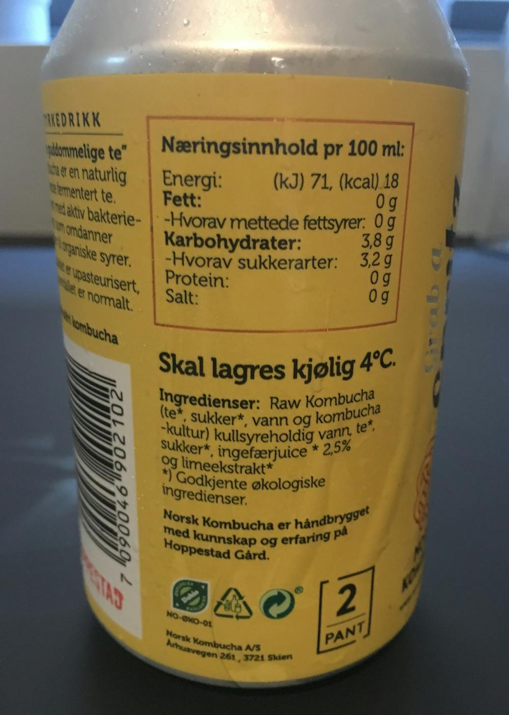 Ingredienslisten til Spritz, sprudlende kombucha, ginger fizz, Øko & raw