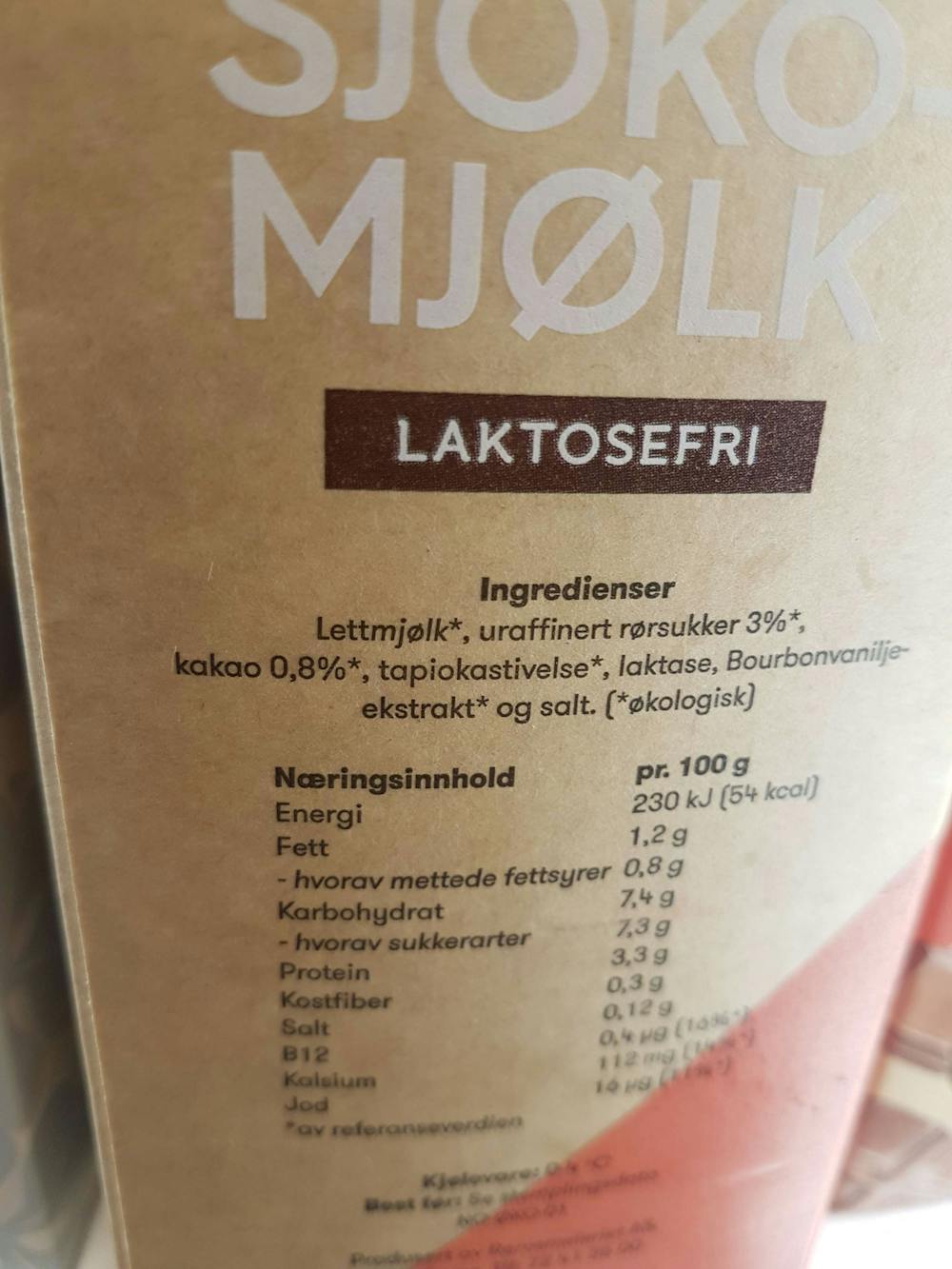 Ingrediensliste - Økologisk fersk sjokolademjølk, Rørosmeieriet