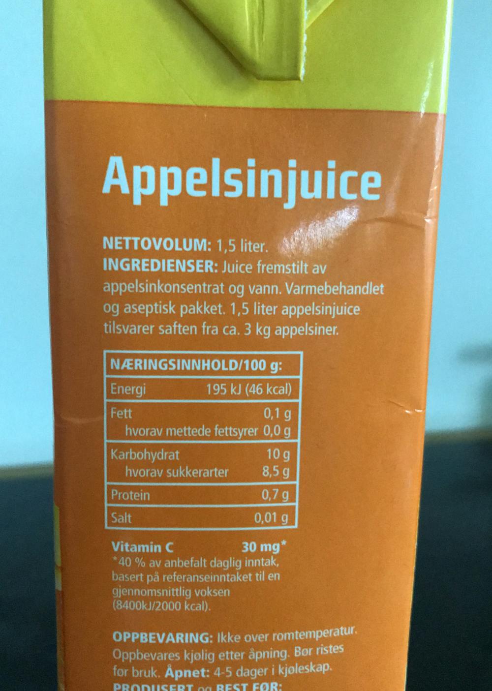 Ingredienslisten til Coop Appelsinjuice