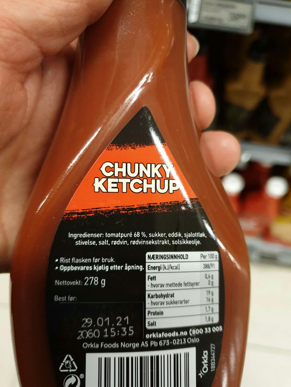 Ingredienslisten til Idun Chunky ketchup