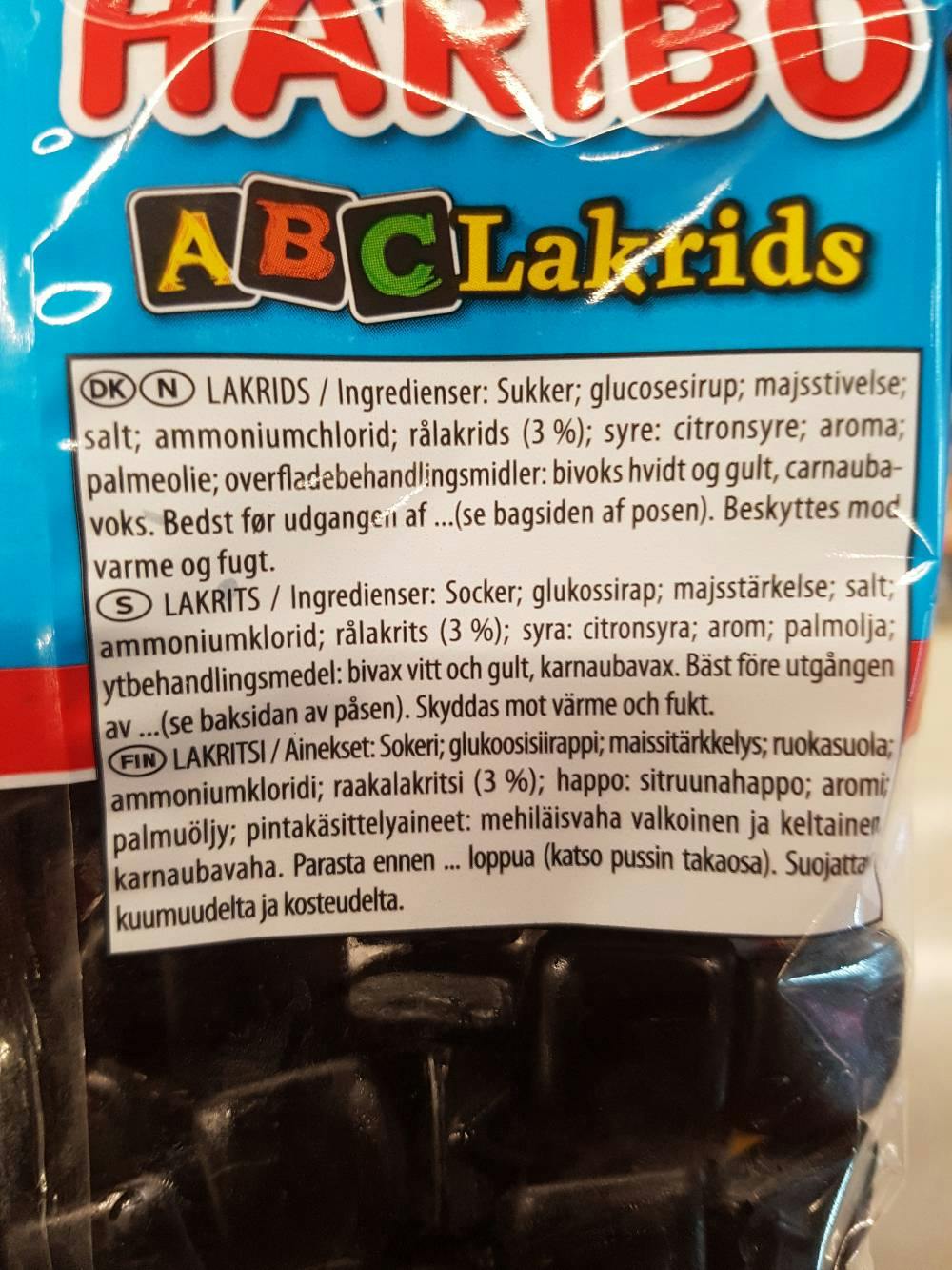 Ingrediensliste - ABC Lakrids, Haribo