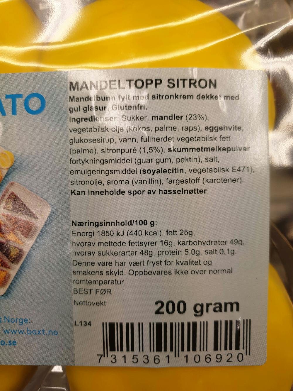Ingrediensliste - Mandeltopp sitron, Delicato