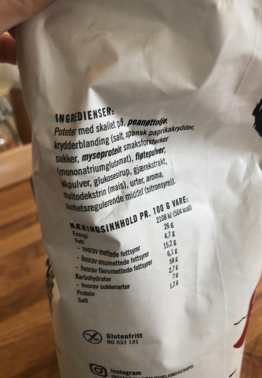 Ingredienslisten til Sørlandschips Spansk paprika med persille