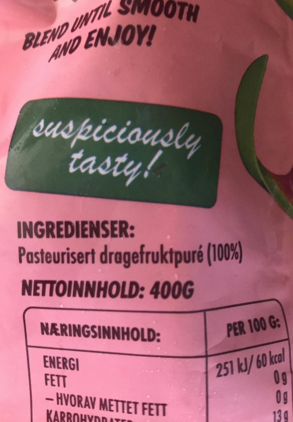 Ingredienslisten til 100% dragonfruit smoothie pack, Smoothie exchange