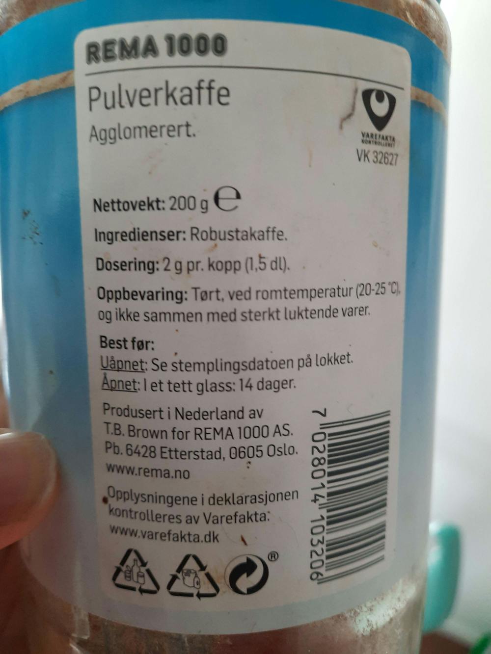 Ingrediensliste - Pulverkaffe, Rema 1000