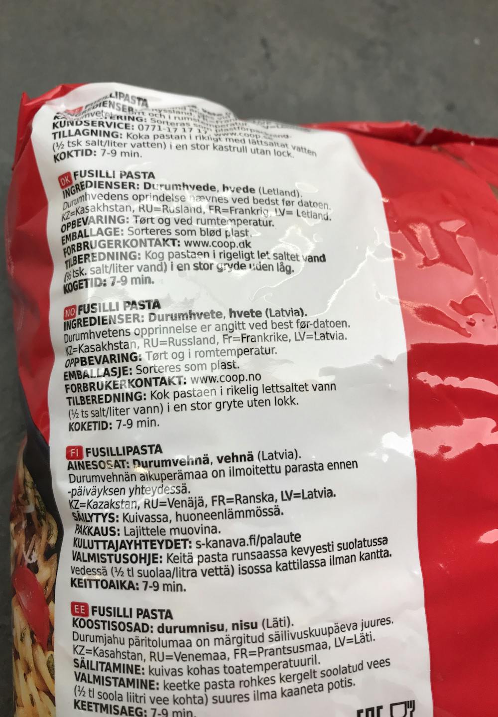 Ingredienslisten til Xtra Fusilli pasta