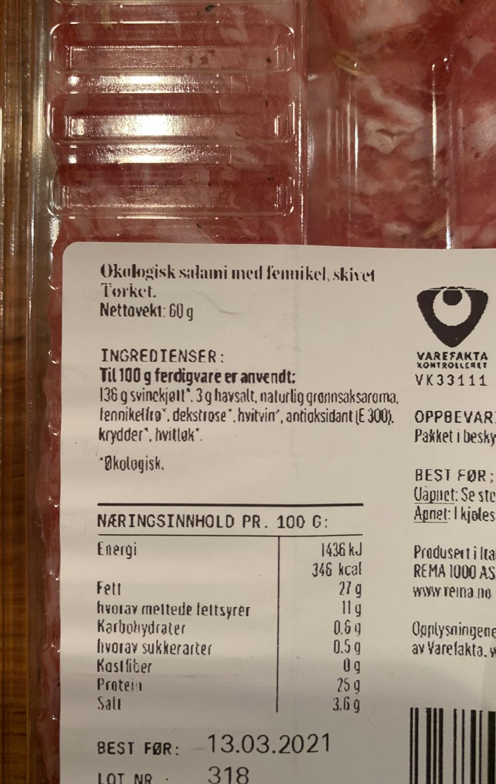 Ingrediensliste - Salami med fennikel, Kolonihagen