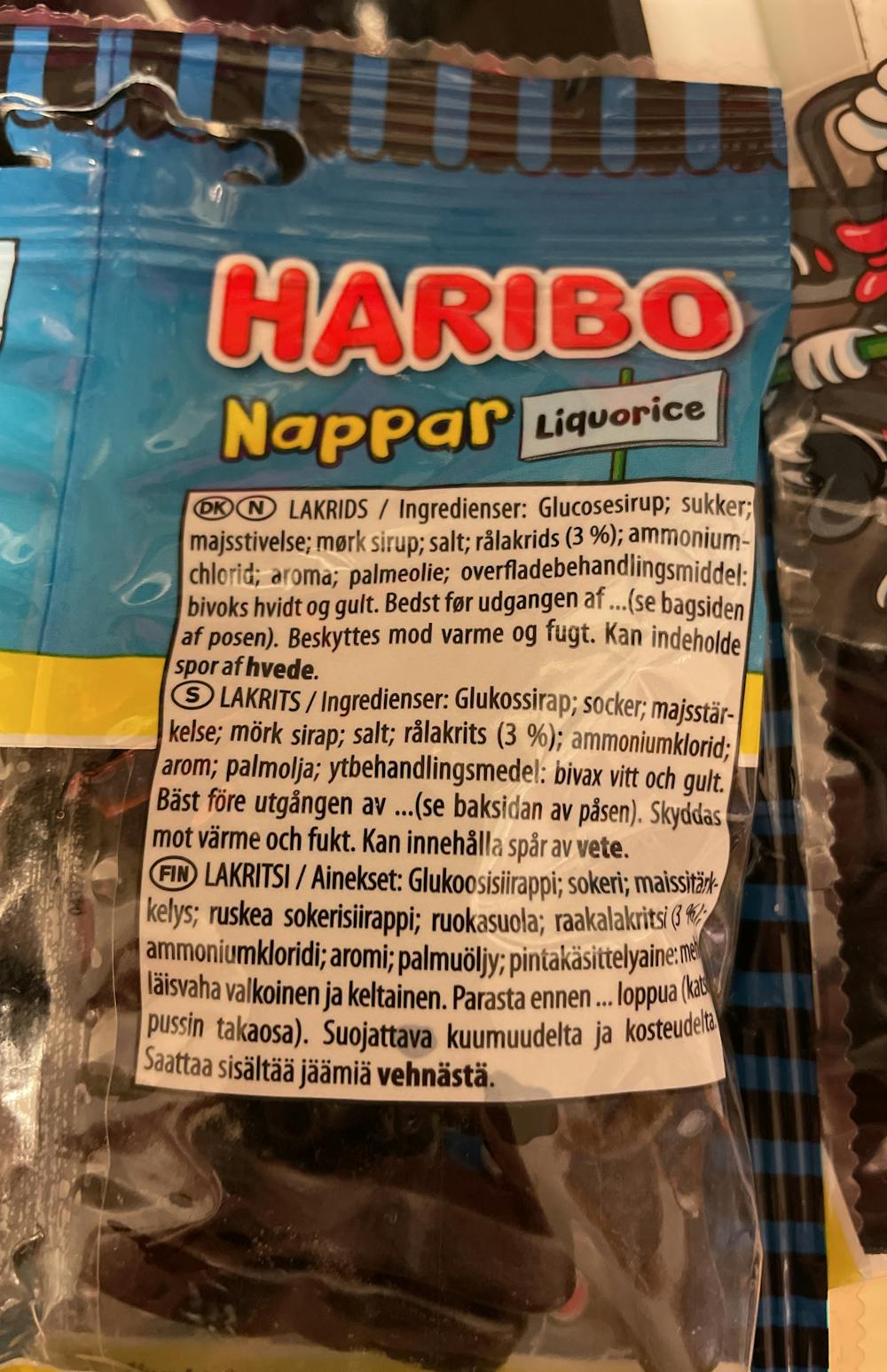 Ingredienslisten til Haribo Nappar, liquorice