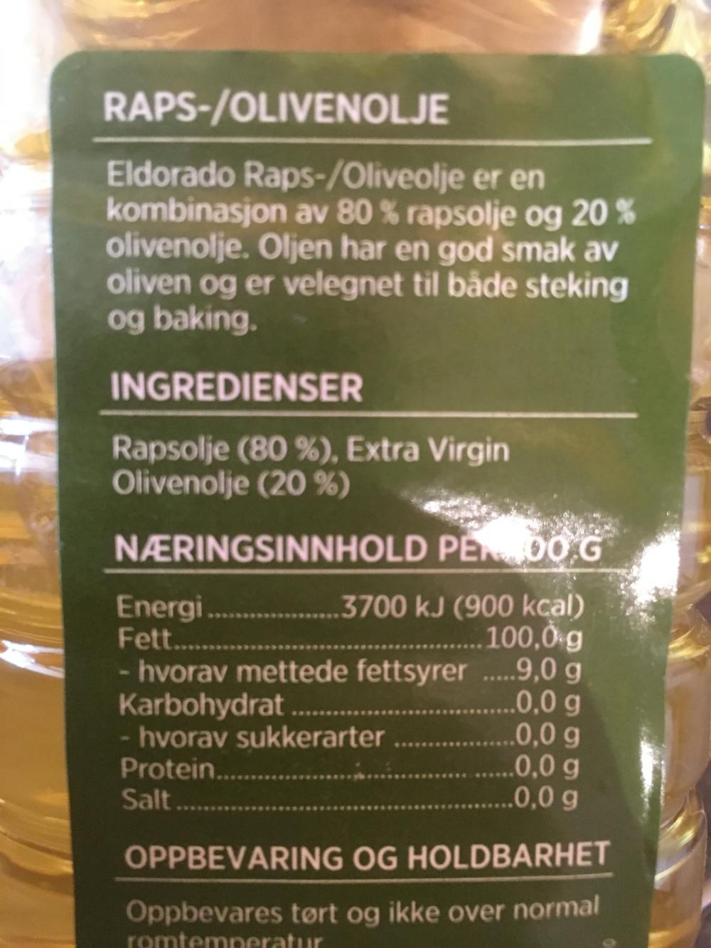 Ingredienslisten til Eldorado Raps-/olivenolje