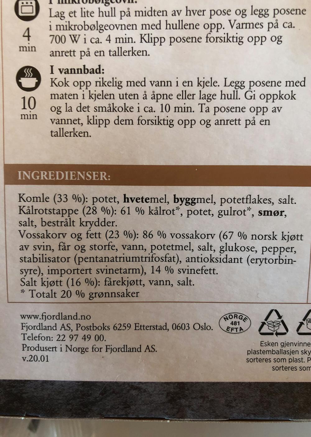 Ingredienslisten til Fjordland Komler/ raspeballer