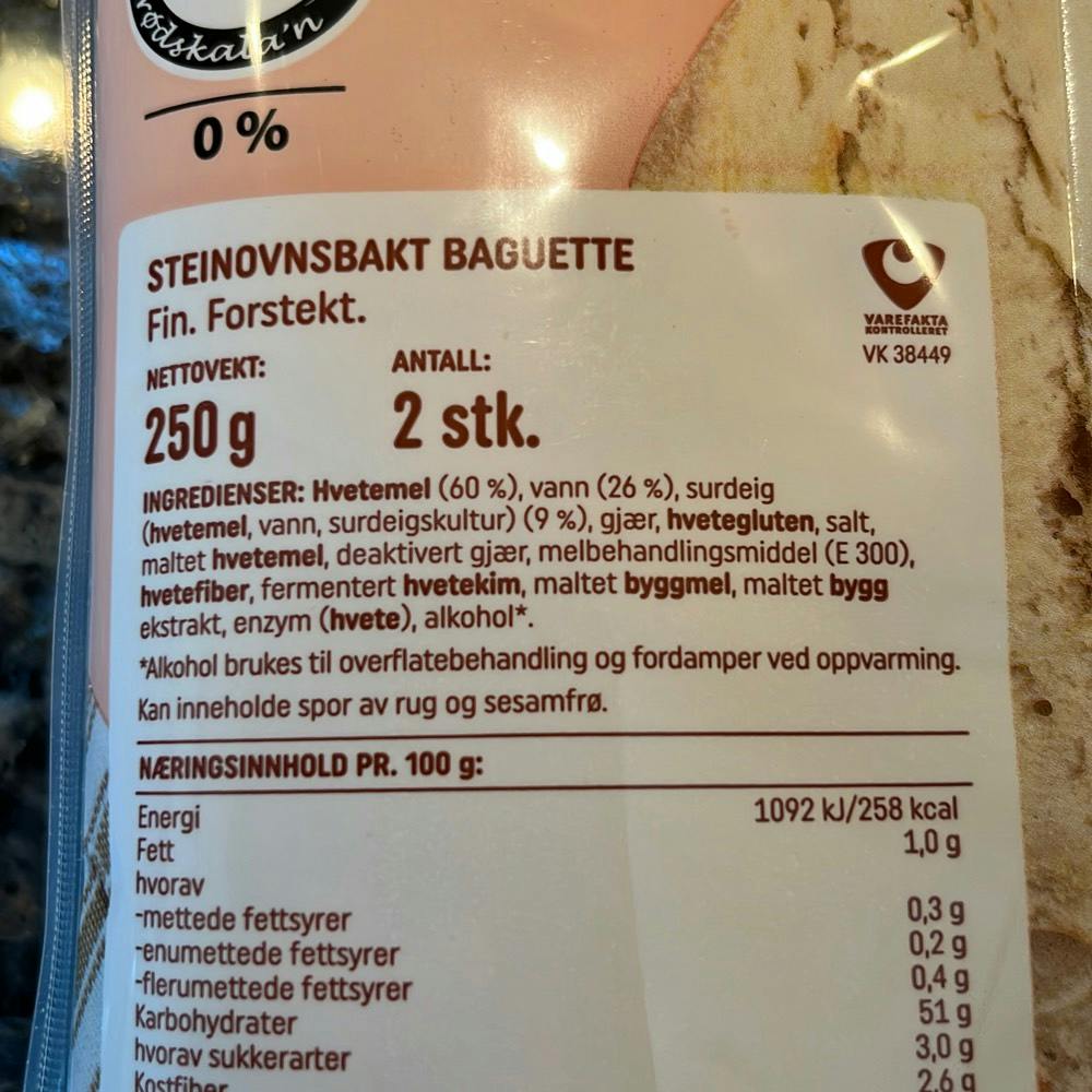 Ingrediensliste - Steinovnsbakt baguette, Rema