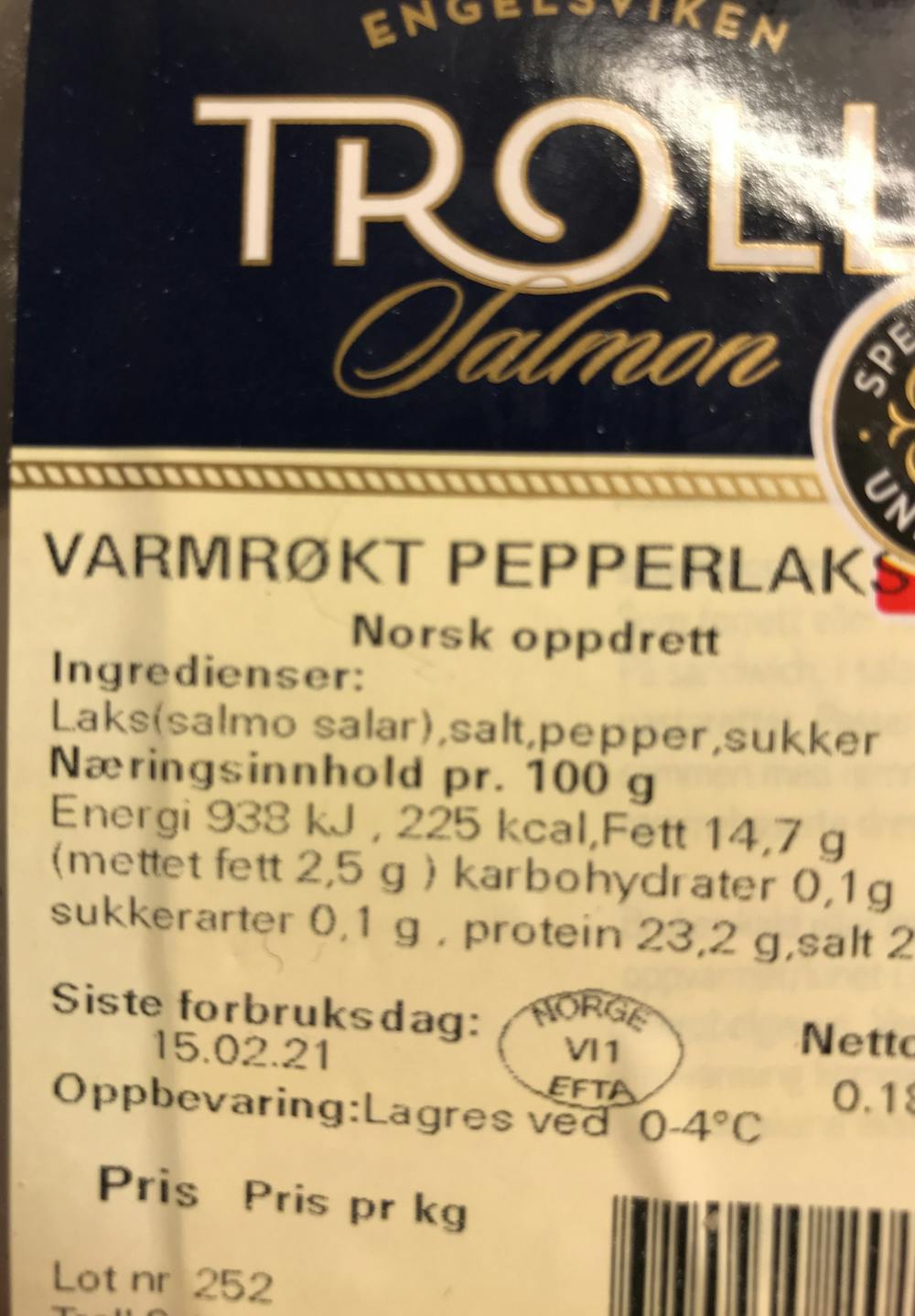 Ingredienslisten til Troll Varmrøkt pepperlaks