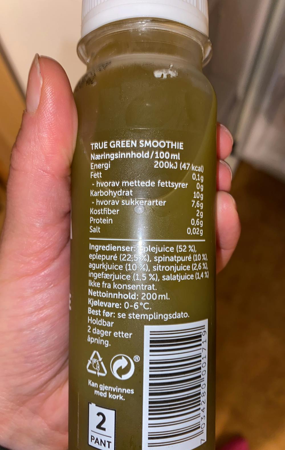 Ingredienslisten til True green smoothie, RÅ