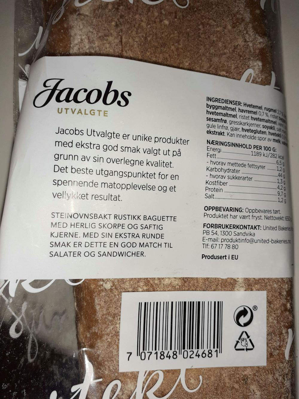 Ingredienslisten til Jacobs utvalgte Steinovnsbakt rustikk baguette