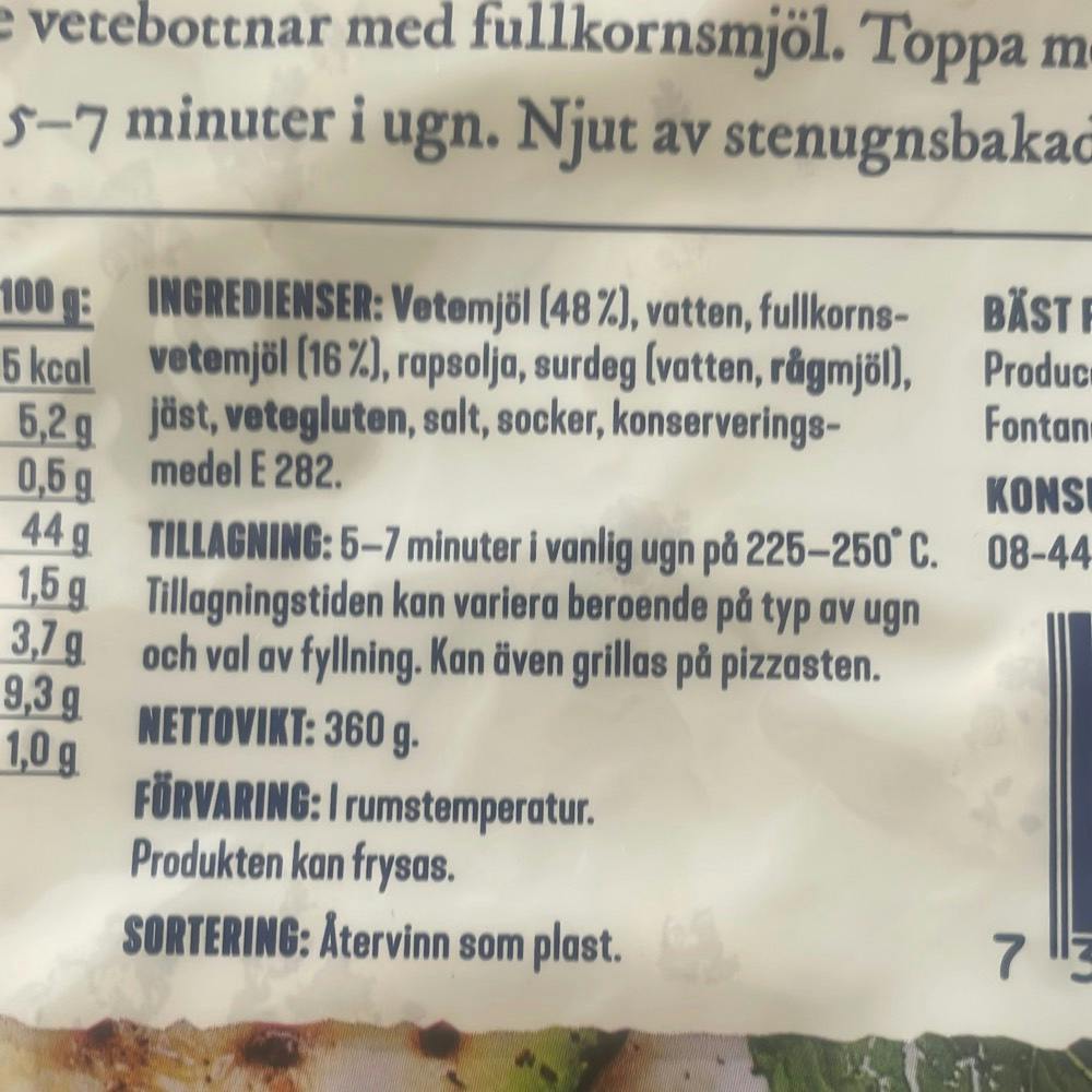 Ingrediensliste - Stenugnsbakad Pizzabotten Fullkorn, Fontana