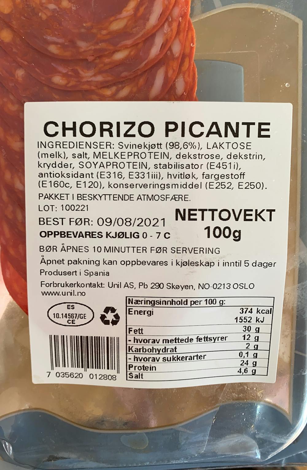 Ingredienslisten til Chorizo picante, Porxas