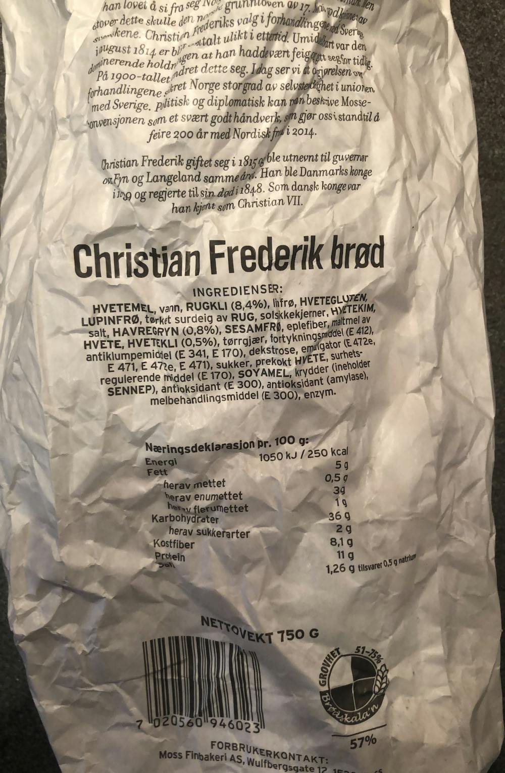 Ingredienslisten til Moss finbakeri Christian Frederik brød