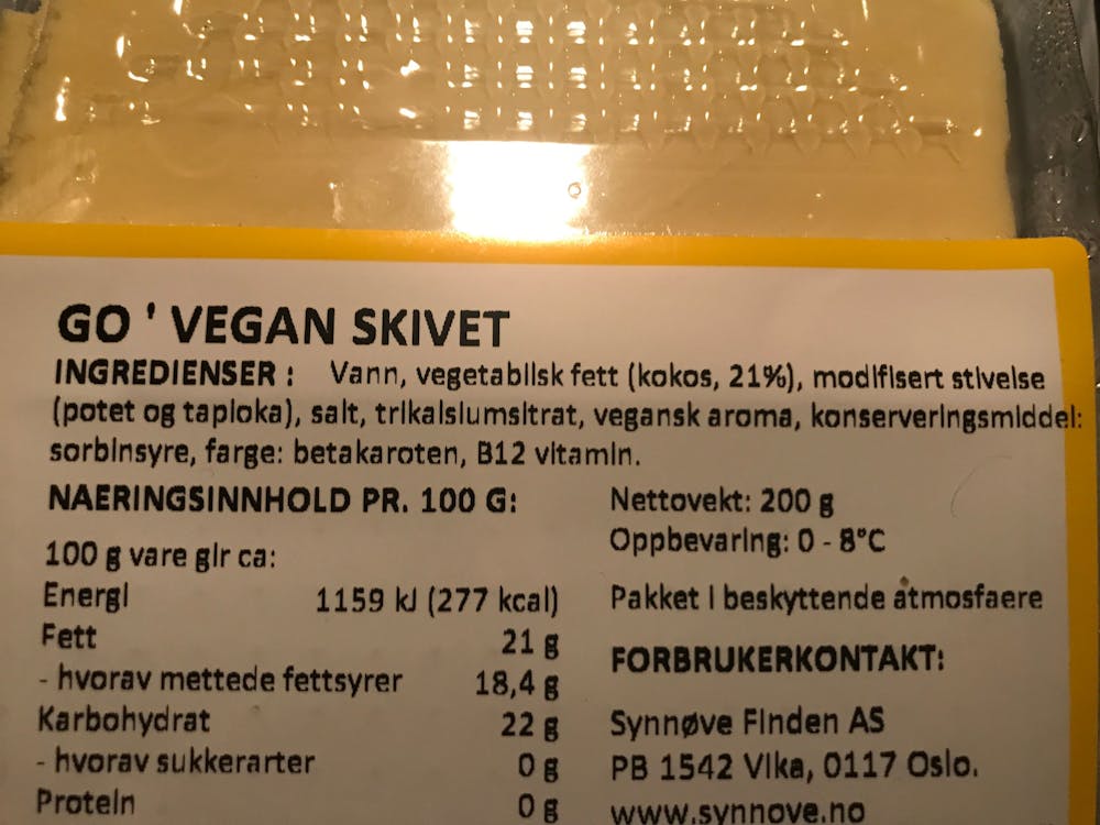 Ingredienslisten til Synnøve Go' Vegan skivet ost