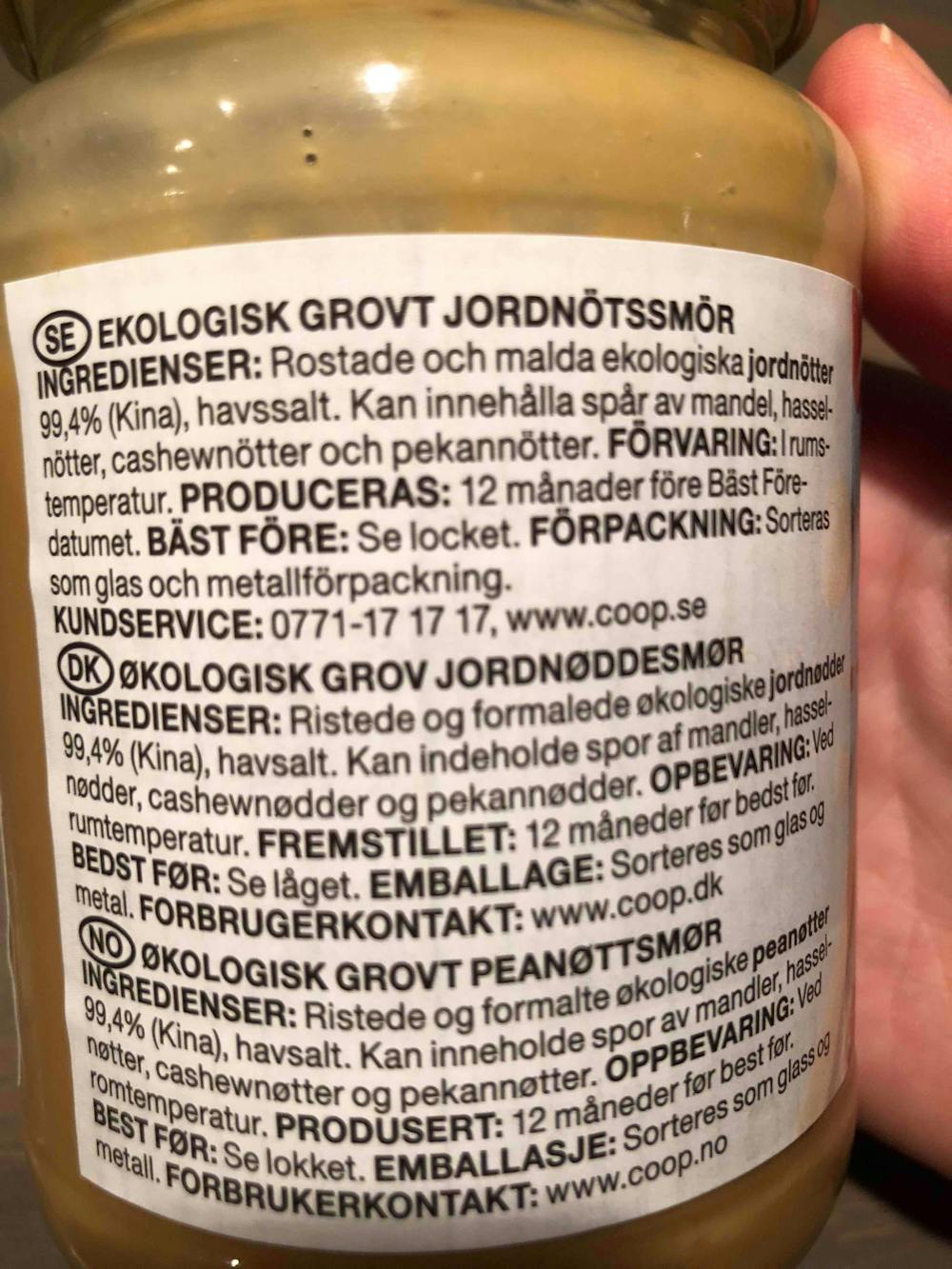 Ingredienslisten til Økologisk crunchy peanut butter, Coop Änglamark