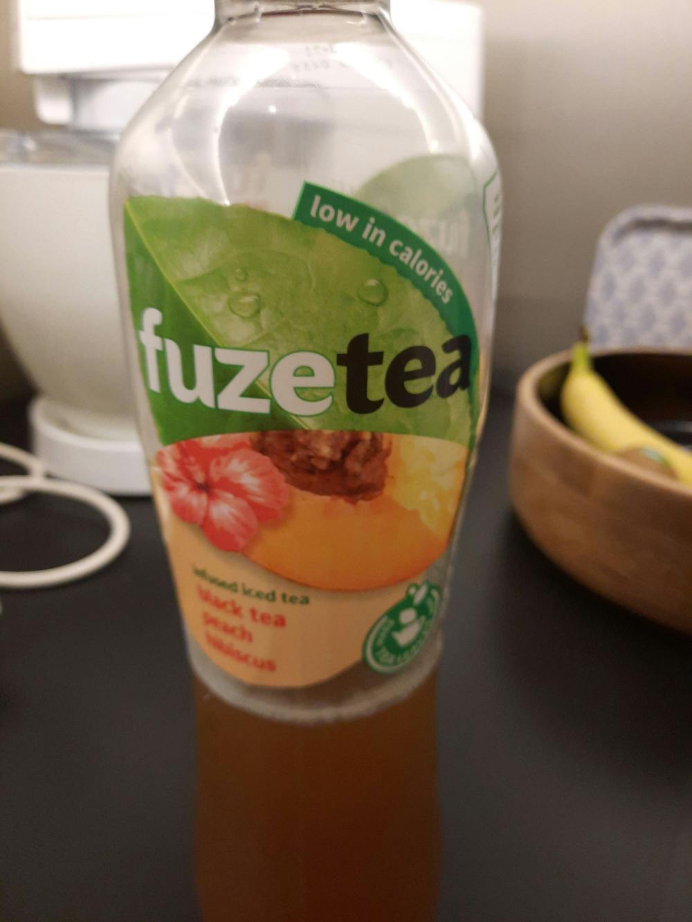 Infused iced tea, black tea, peach and hibicus, Fuzetea