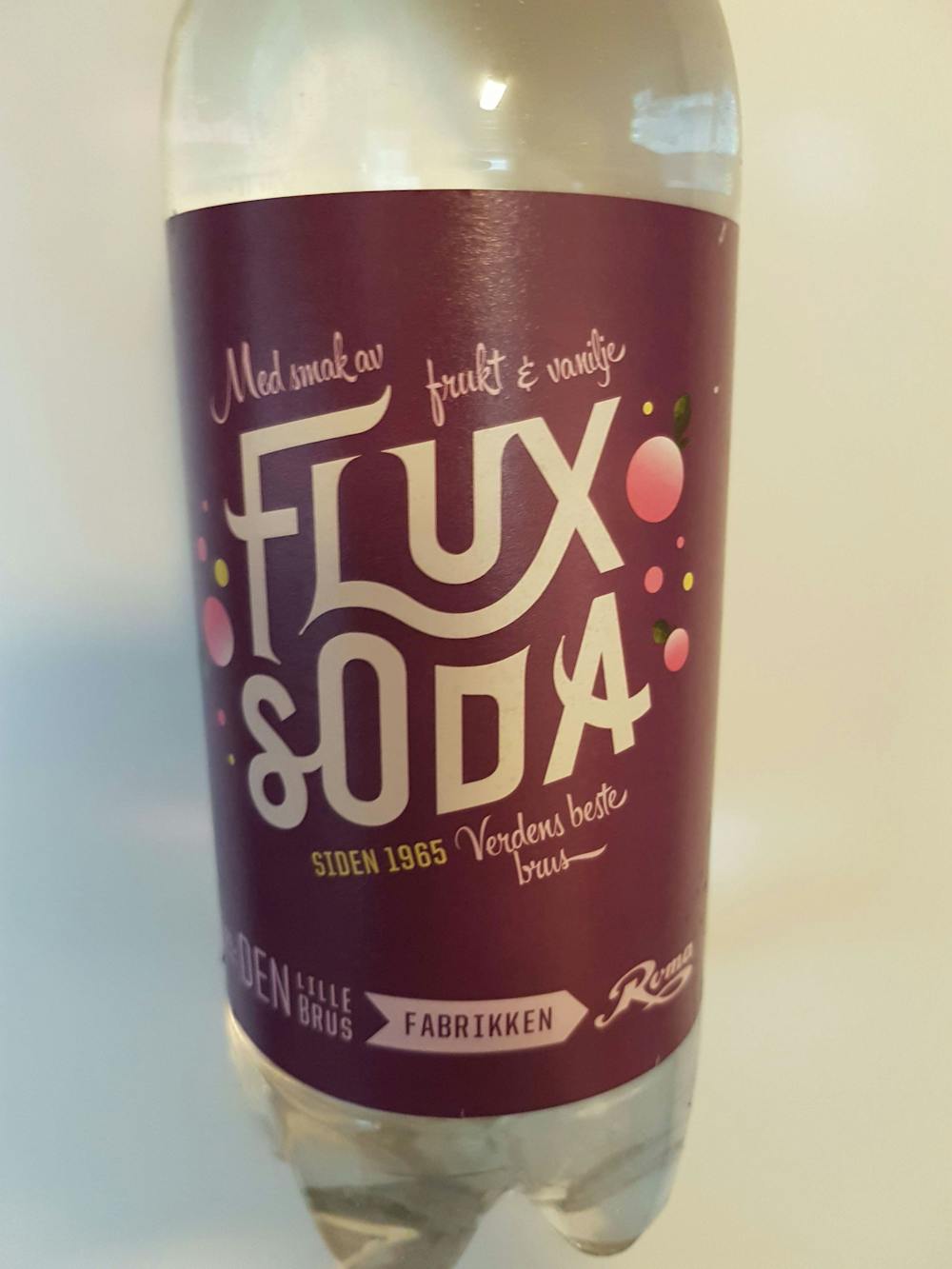 Flux soda, med smak av frukt & vanilje 1L, Den lille brusfabrikken