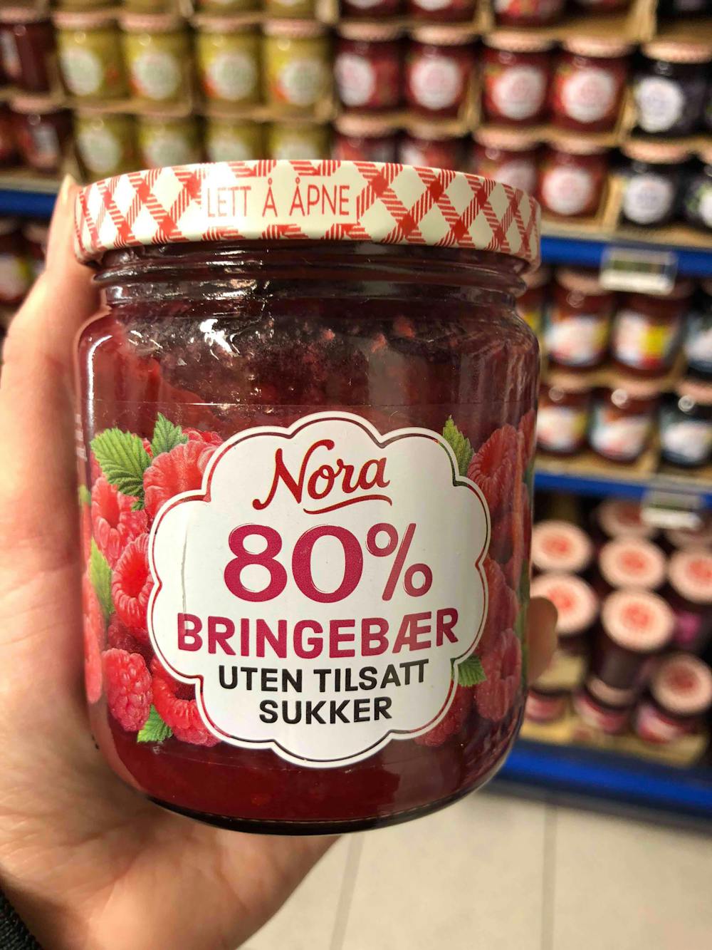 80% bringebær uten tilsatt sukker, Nora
